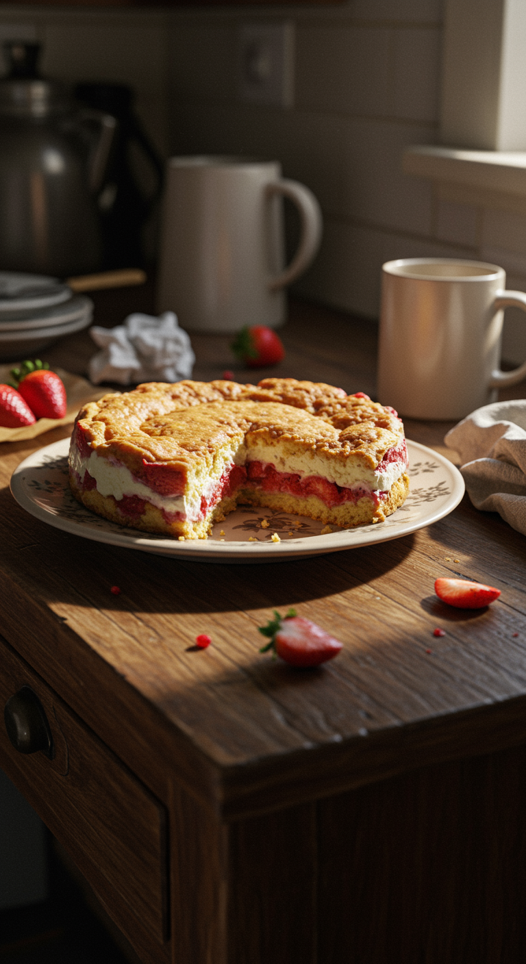 Casual home setting with a strawberry cheesecake dump cake on a plate, showcasing the layered, slightly uneven topping with fresh strawberries, surrounded by baking essentials and a cozy kitchen background, lit naturally.