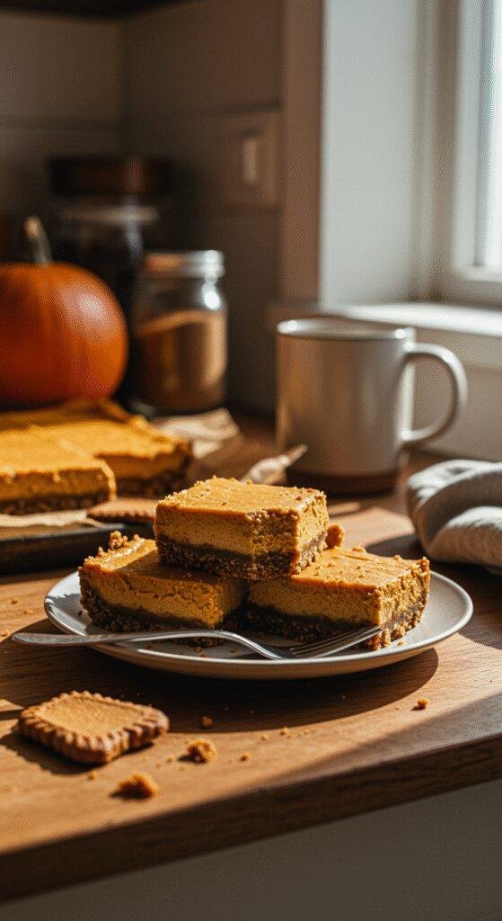 Casual photograph of vegan pumpkin cheesecake bars on a rustic wooden table in a home kitchen, showing slightly uneven slices with visible layers, crumbs nearby, natural soft lighting, and background clutter for an authentic, cozy vibe.