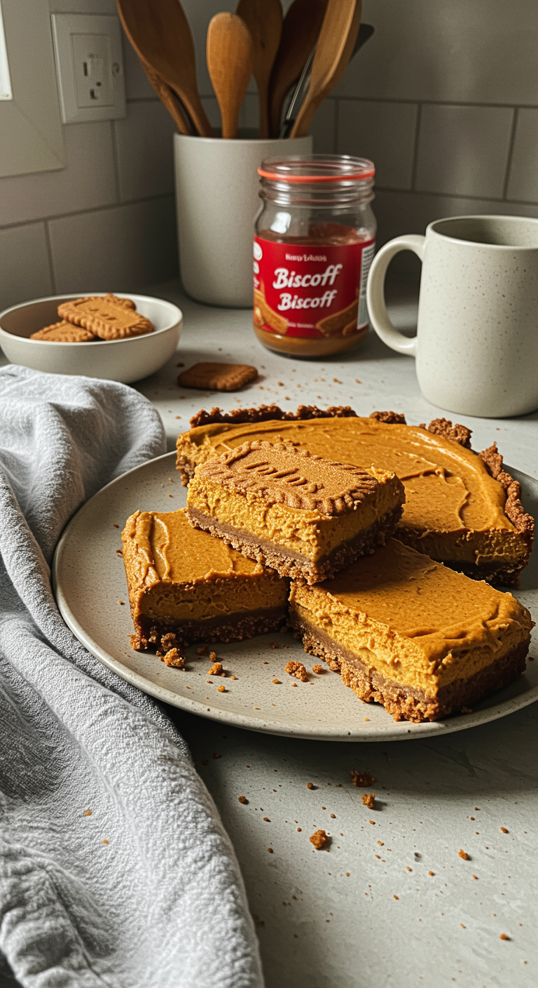 Casual image of vegan pumpkin cheesecake bars on a ceramic plate in a cluttered kitchen setting, showing uneven slices with visible layers, crumbs around, natural imperfect lighting, and background kitchen items for an authentic, homey look.
