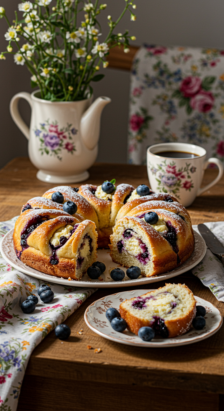 Realistic image of Wild Blueberry Ricotta Sweet Buns on a cozy home table, showing golden, glazed buns filled with blueberries and ricotta, garnished with powdered sugar, with a warm, inviting kitchen or dining room background, natural sunlight, and homey decor.