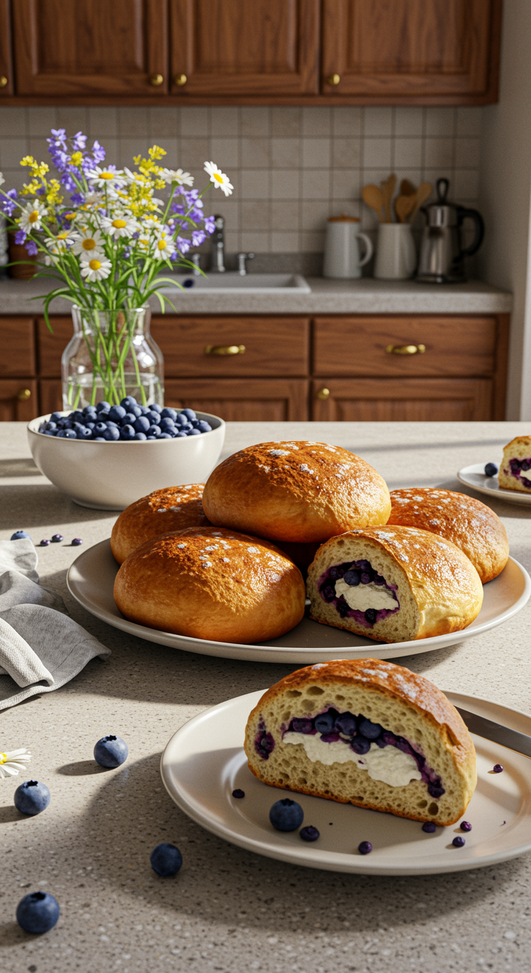 A realistic image of Wild Blueberry Ricotta Sweet Buns plated on a kitchen counter with a neat presentation, showing golden, blueberry-filled buns with a shiny glaze, set in a home kitchen environment with natural light and simple decor.