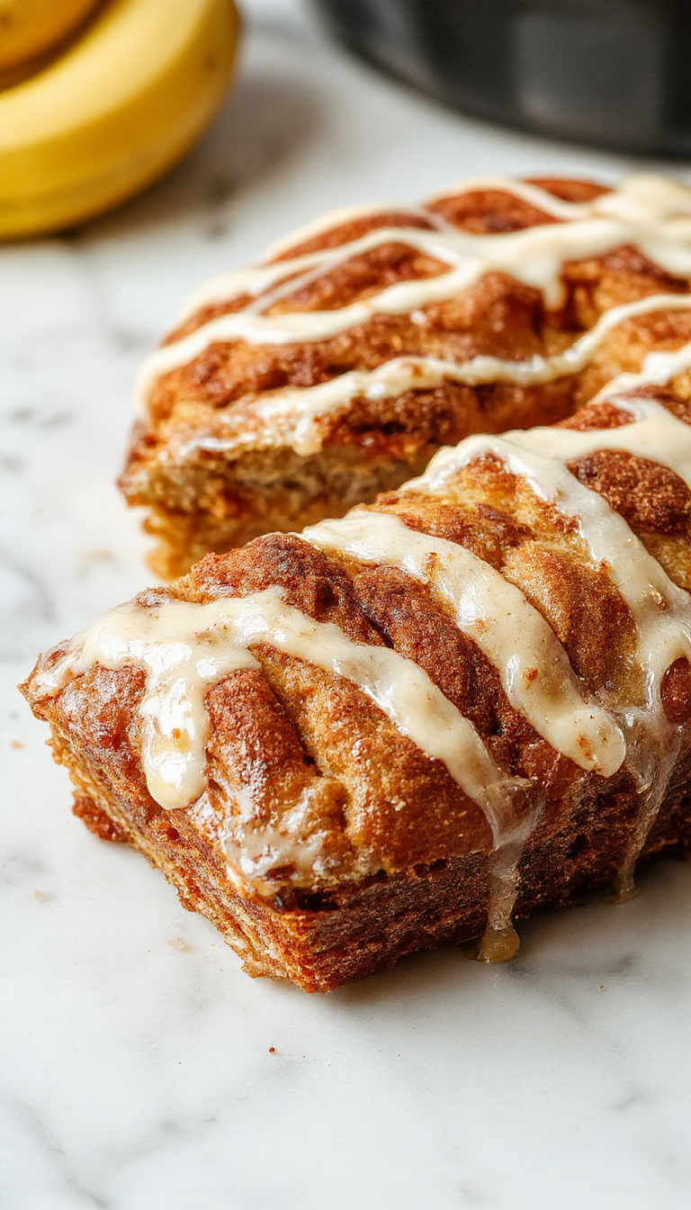 A loaf of bakery-style cinnamon ribbon banana bread sliced open, revealing swirls of cinnamon inside with a golden crust.