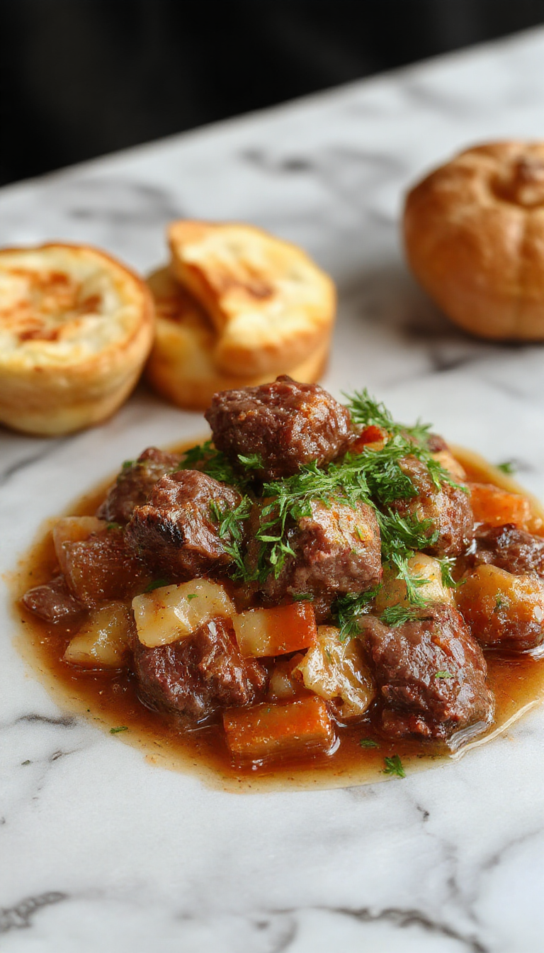 A steaming bowl of beef stew with autumn vegetables, garnished with thyme and served in a rustic bowl, perfect for Halloween dinner.