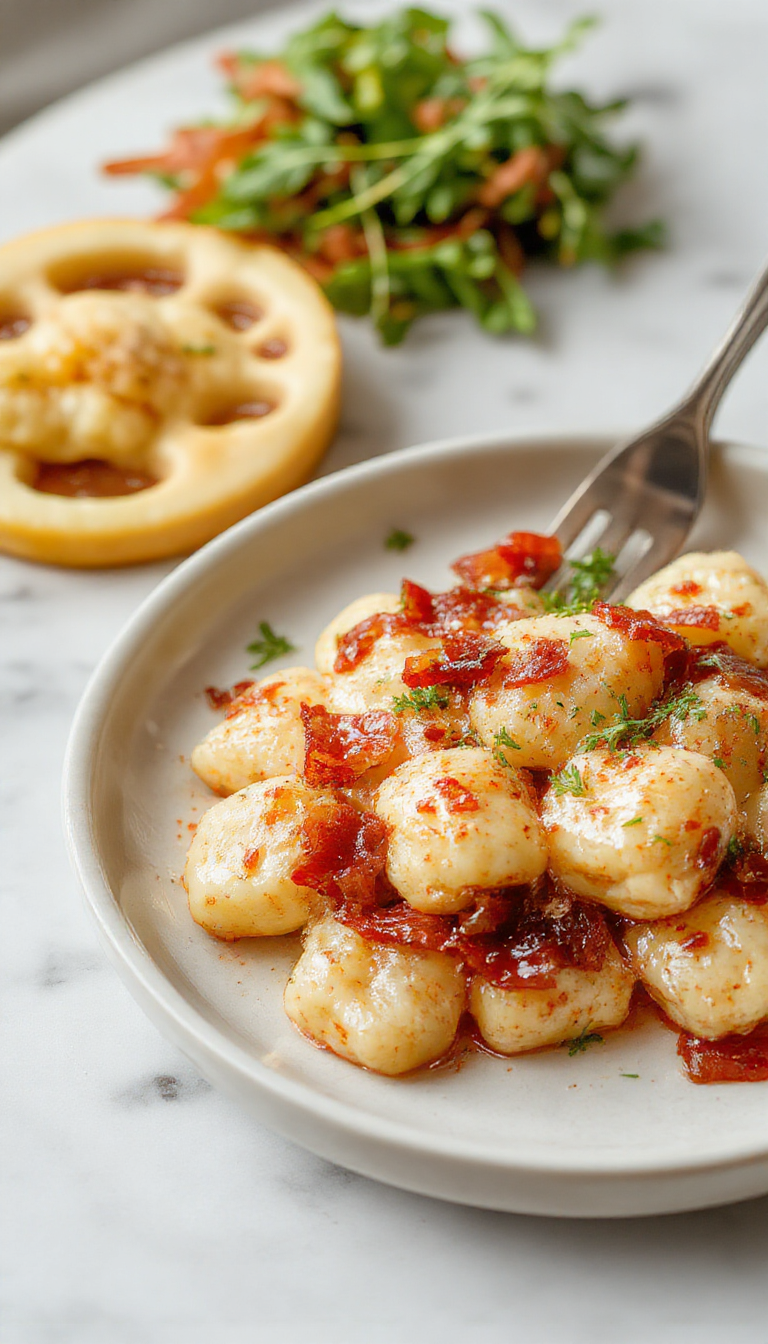 A plate of golden, crispy bacon-filled gnocchi topped with melted cheese and fresh herbs, served on a rustic wooden table.