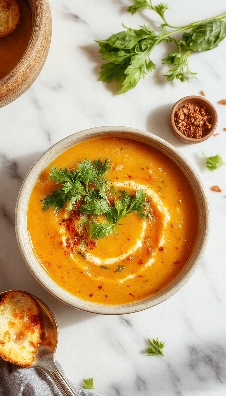 A steaming bowl of vegan cleansing and cozy soup with fresh vegetables and herbs, served in a rustic bowl on a wooden table.