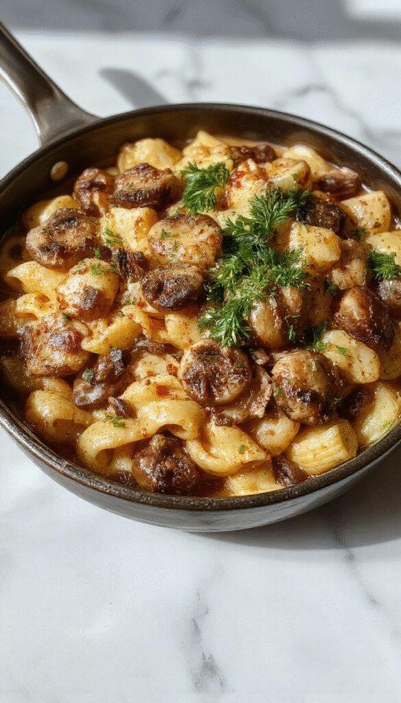 A steaming skillet of mushroom pasta garnished with fresh herbs, served with crusty bread on a rustic wooden table.