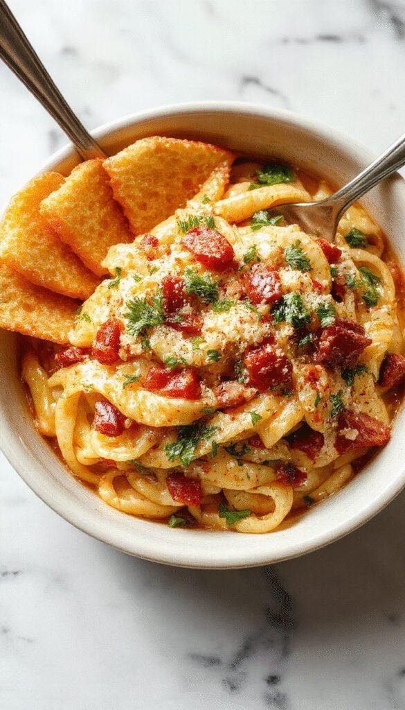 A colorful one-pot pasta dish served in a large bowl with fresh herbs and grated cheese on top.