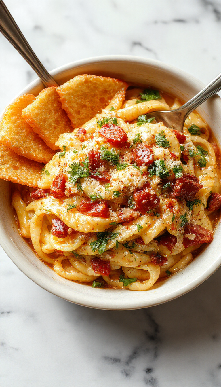 A colorful one-pot pasta dish served in a large bowl with fresh herbs and grated cheese on top.