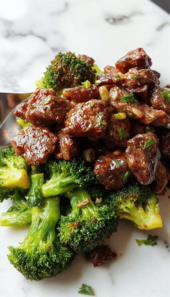 A colorful plate of beef and broccoli stir-fry garnished with sesame seeds on a white dish