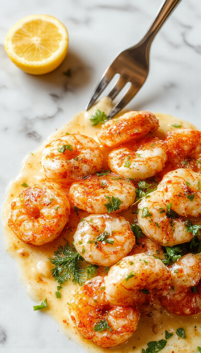 A plate of creamy garlic shrimp garnished with fresh herbs, served alongside a lemon wedge on a white ceramic dish.