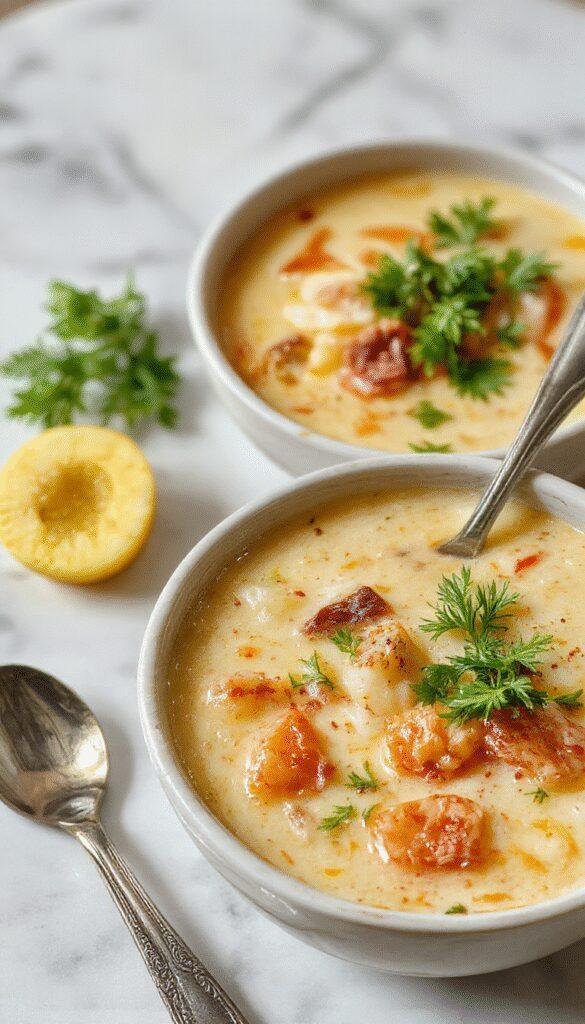 A steaming bowl of restaurant-quality soup garnished with fresh herbs and a slice of crusty bread on the side.