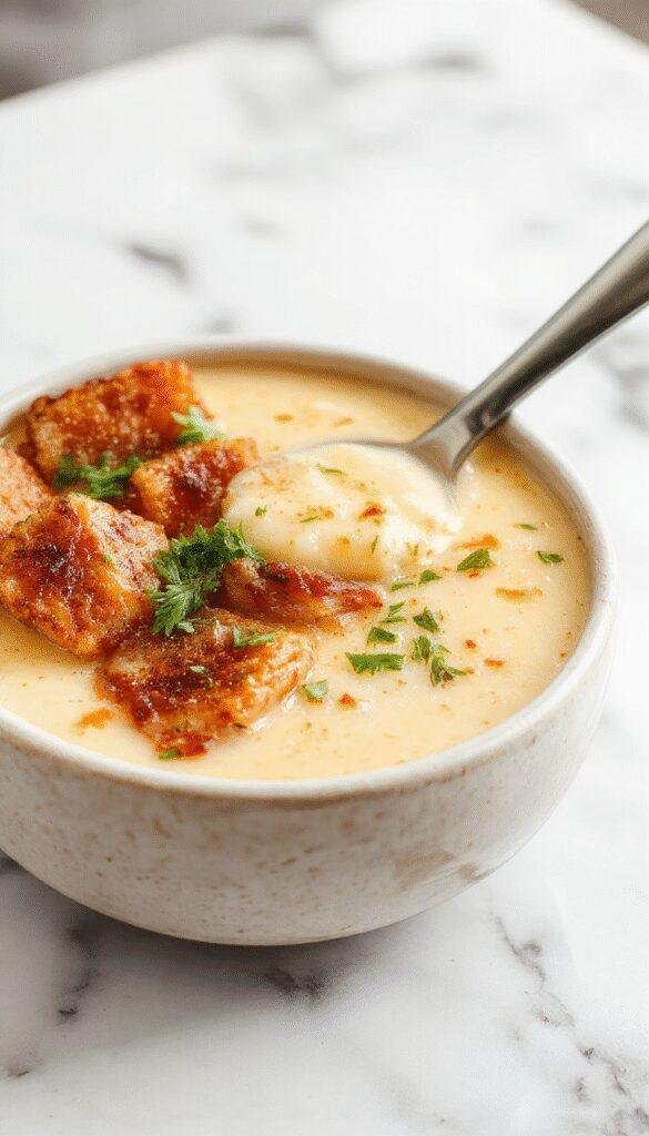 A steaming bowl of rich and creamy keto soup garnished with fresh herbs, served with a side of crusty bread on a cozy table.