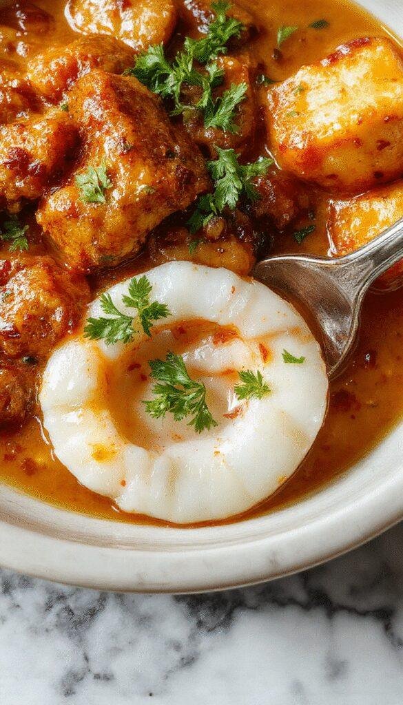 A bowl of vibrant coconut curry garnished with fresh herbs, served alongside steamed rice and colorful vegetables.