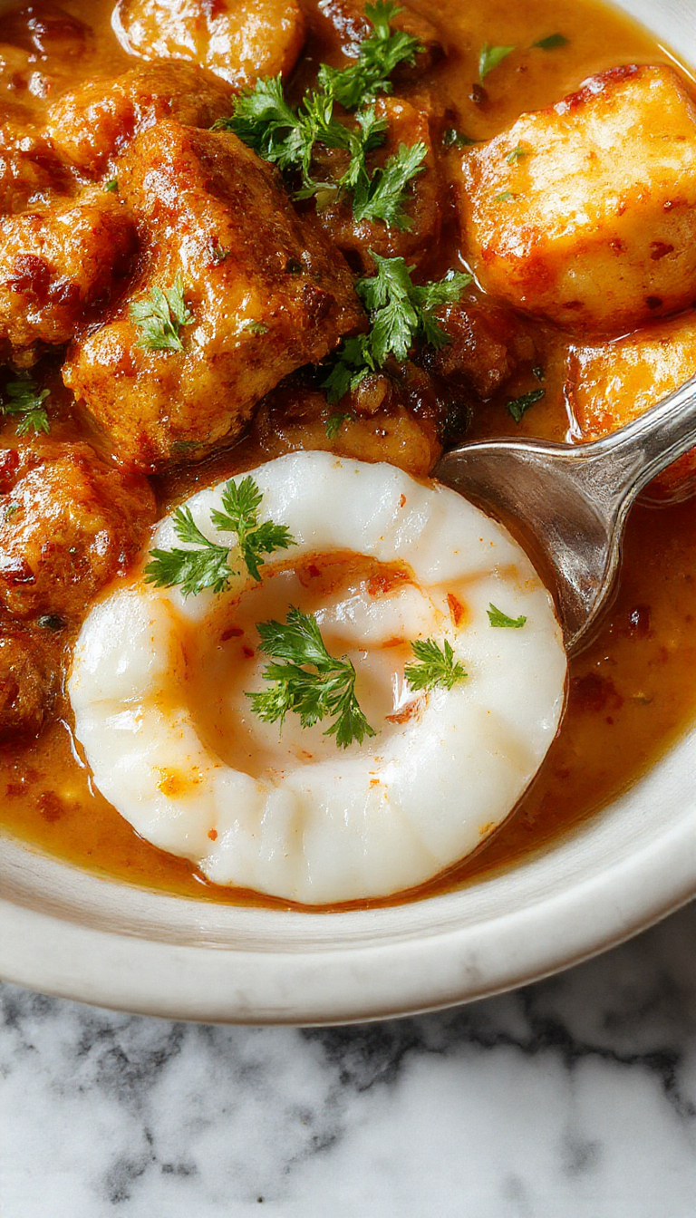 A bowl of vibrant coconut curry garnished with fresh herbs, served alongside steamed rice and colorful vegetables.