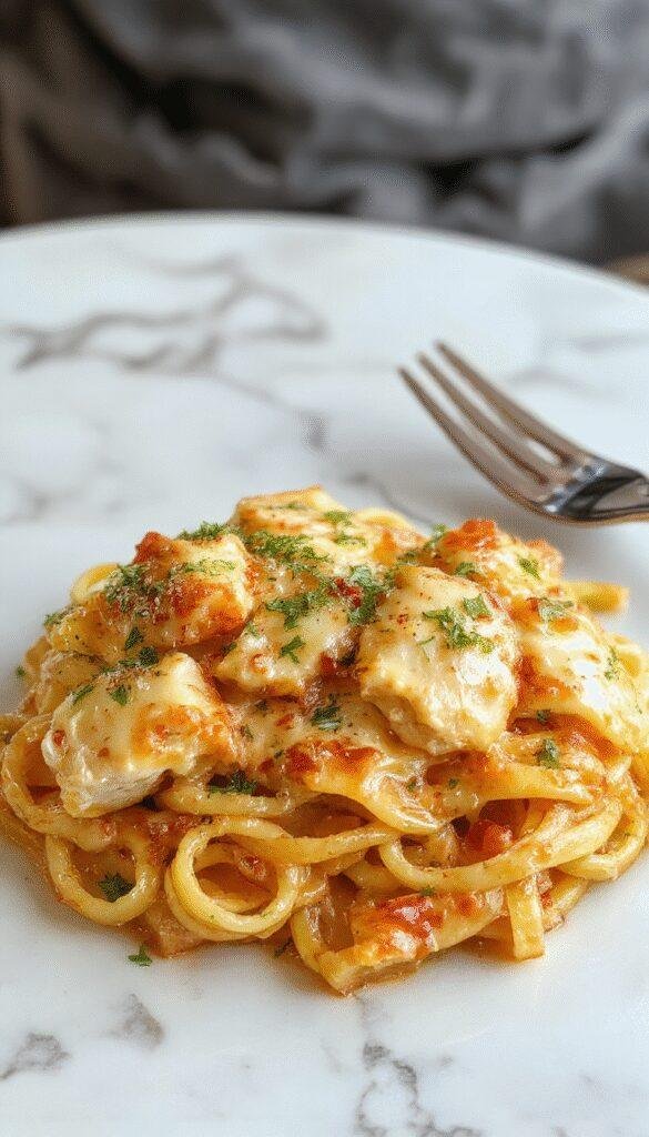 A romantic dinner setting featuring a plate of creamy chicken pasta garnished with herbs, accompanied by a glass of wine.
