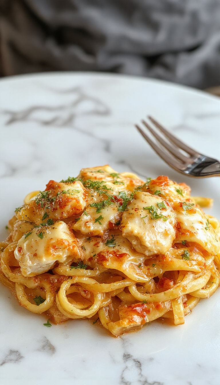 A romantic dinner setting featuring a plate of creamy chicken pasta garnished with herbs, accompanied by a glass of wine.