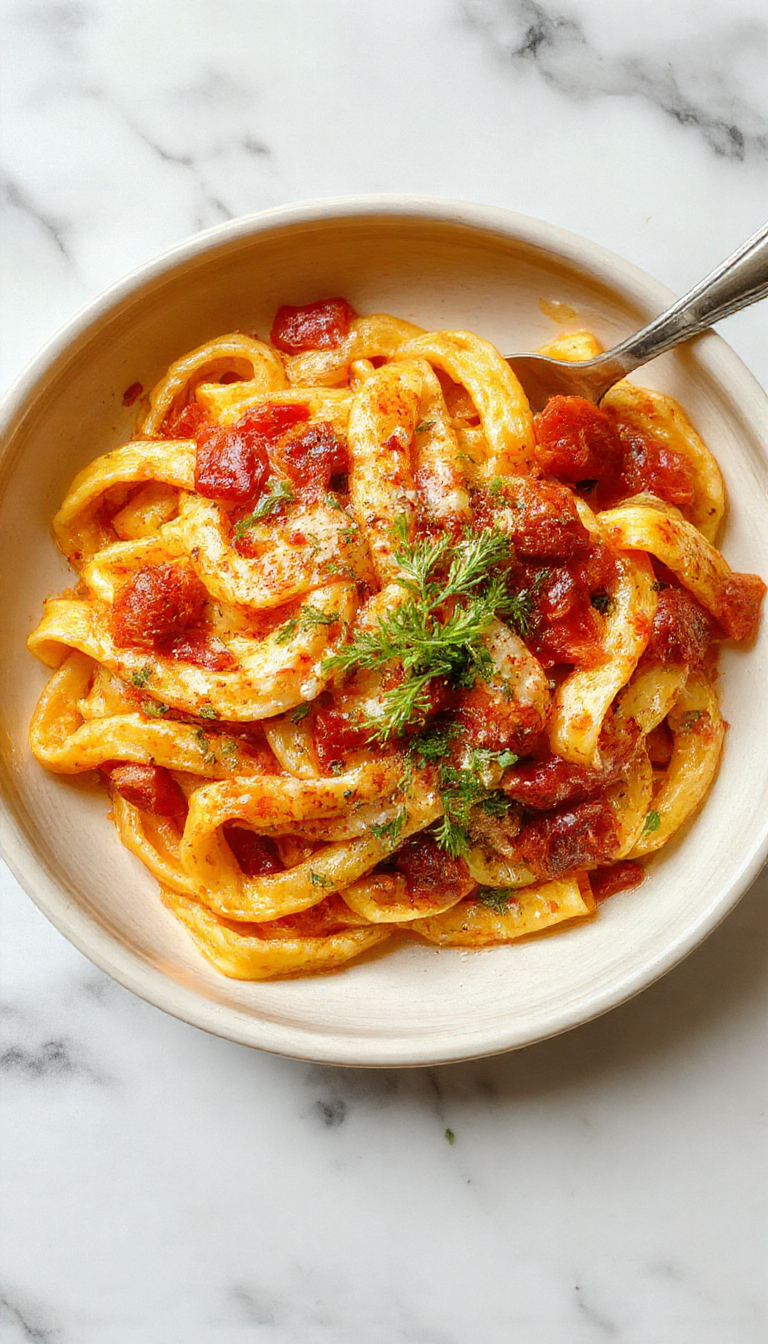 A plate of vibrant weeknight pasta topped with fresh herbs and grated cheese, ready for a quick and delicious dinner.