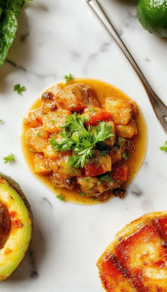 A colorful slow cooker filled with a vibrant, zesty meal garnished with fresh herbs and vegetables.