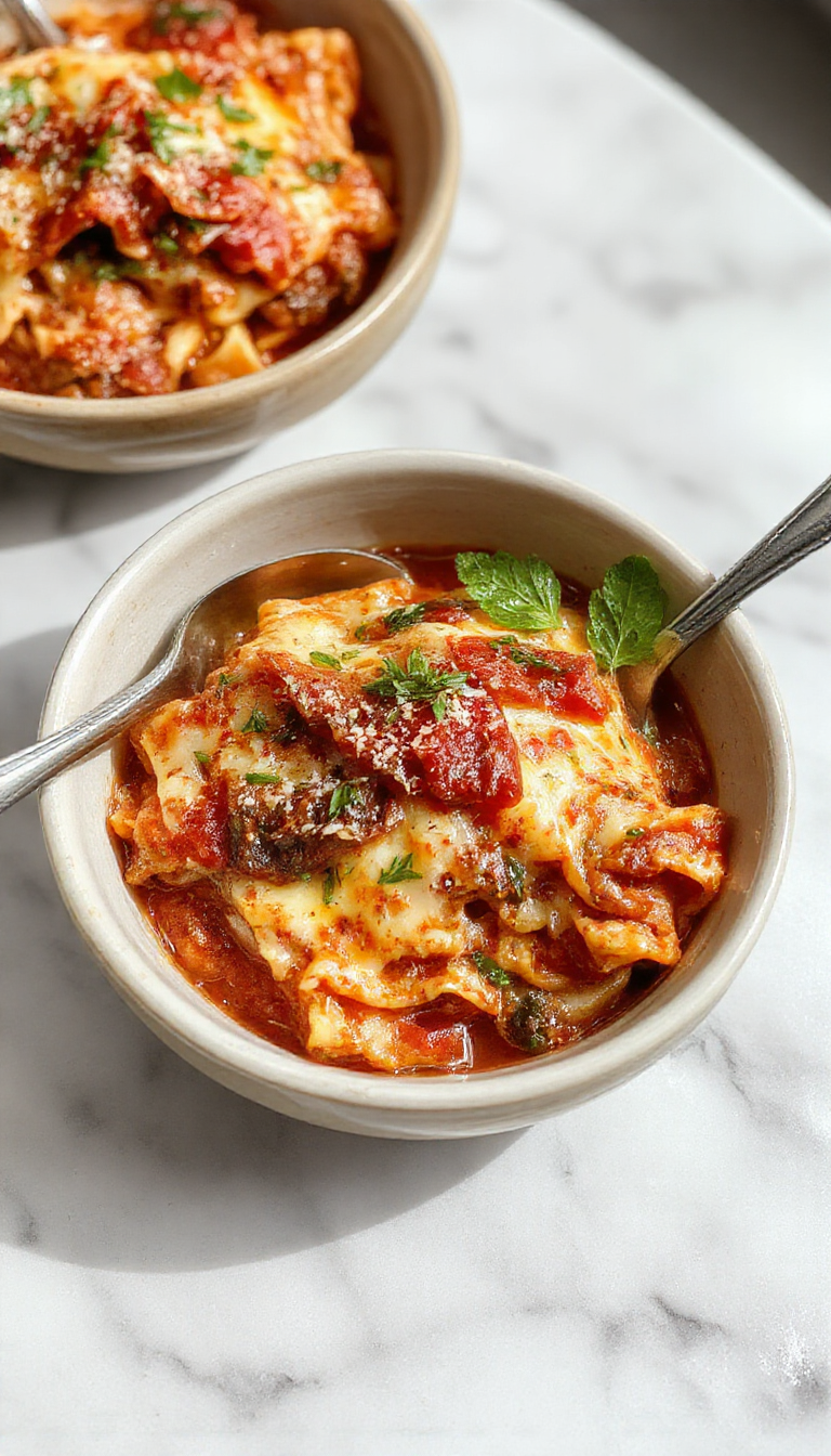 A bowl of creamy lasagna filling with layers of melted cheese, pasta, and rich tomato sauce, garnished with fresh herbs.