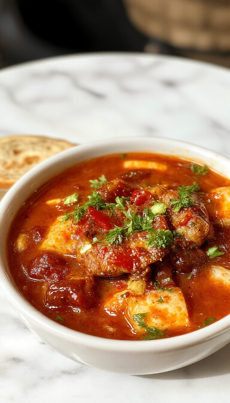 A vibrant bowl of Chiles Rellenos soup featuring roasted green chilies, melted cheese, and fresh herbs topped with a dollop of sour cream.