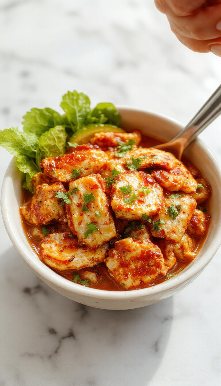 Colorful Bang Bang Chicken Bowl featuring sliced crispy chicken, drizzled with creamy spicy sauce, topped with chopped scallions and sesame seeds, arranged beautifully on a stylish plate with vibrant ingredients and garnishes.