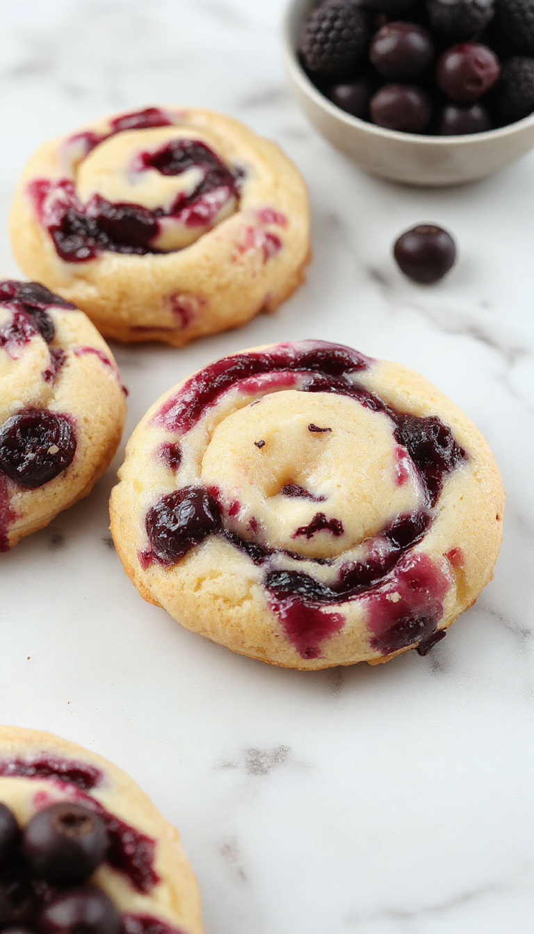 Delicious blueberry cheesecake swirl cookies with vibrant blue and creamy white swirls on a rustic wooden surface.