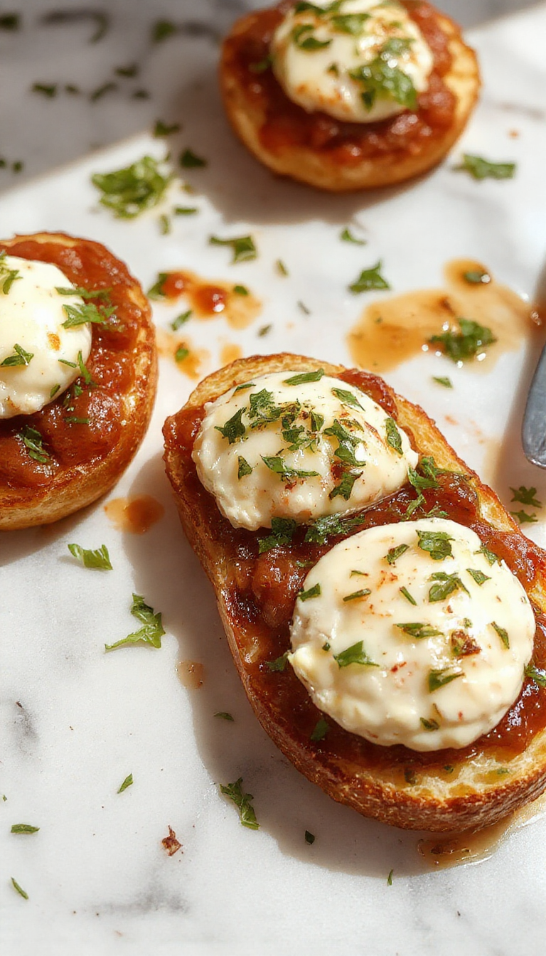 A close-up of Burrata Bruschetta featuring creamy burrata cheese on toasted baguette slices topped with fresh basil and cherry tomatoes.