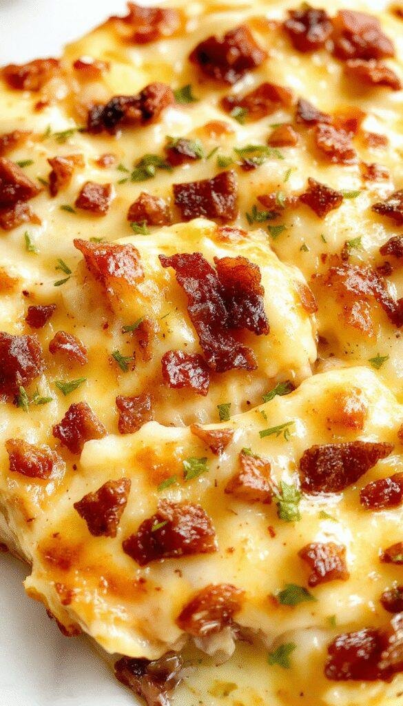 A delicious cheesy bacon casserole in a baking dish topped with melted cheese and crispy bacon strips, garnished with fresh herbs.