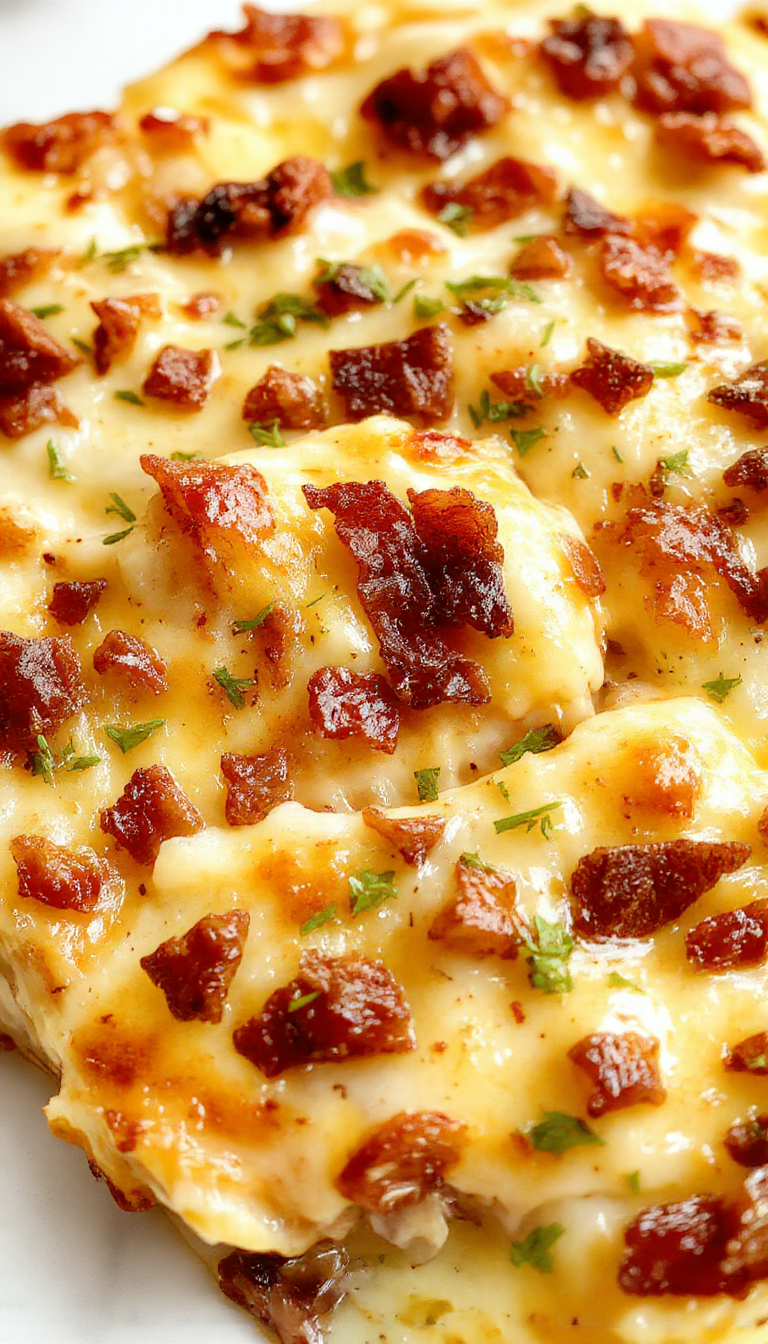 A delicious cheesy bacon casserole in a baking dish topped with melted cheese and crispy bacon strips, garnished with fresh herbs.