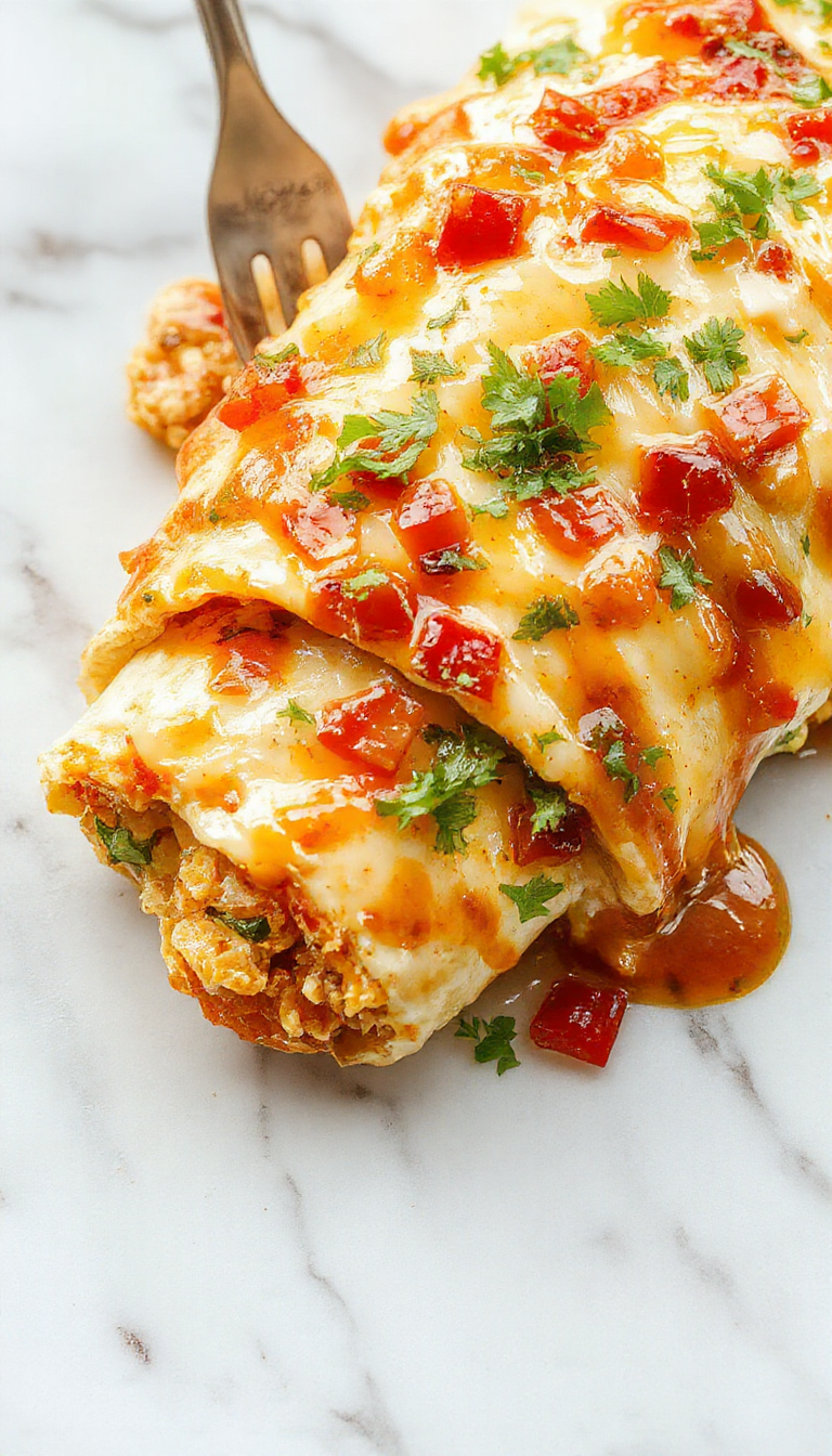 A cheesy chicken burrito bake in a baking dish topped with melted cheese, colorful fillings spilling over the sides, garnished with fresh herbs