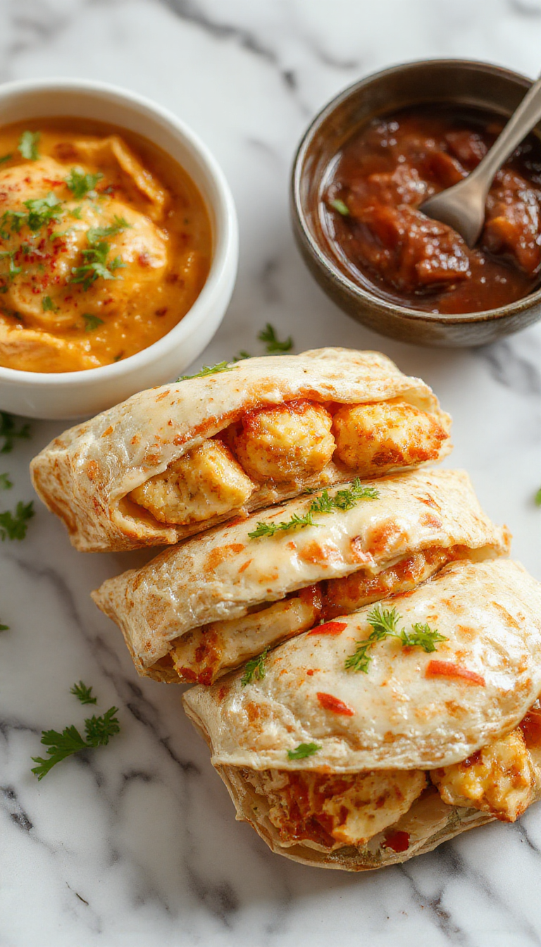 Close-up of cheesy garlic chicken wraps with melted cheese, fresh lettuce, and crispy tortilla exterior on a plate.