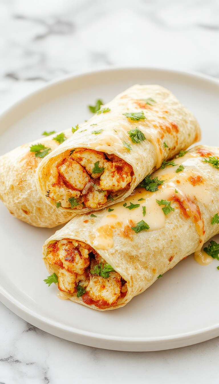 A close-up of cheesy garlic chicken wraps sliced open to reveal melted cheese, grilled chicken, and crispy vegetables inside a soft tortilla.
