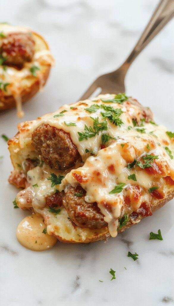 Colorful dish featuring golden roasted potatoes topped with melted cheese, crispy smoked sausage slices, and fresh chopped herbs, arranged on a rustic white plate with a sprinkle of green herbs for garnish, styled with a wooden background, highlighting textures and vibrant colors.