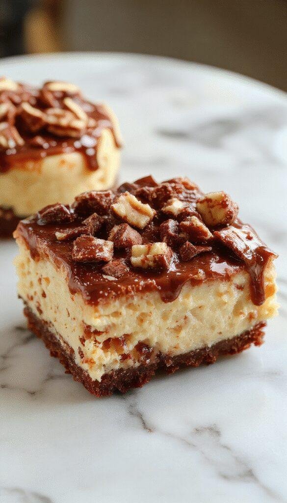 A beautifully layered cheesecake cake with rich chocolate and creamy peanut butter frosting, topped with chocolate ganache, sprinkled with crushed peanuts, and sliced to reveal its luscious interior, set on a white plate with a rustic wooden background.