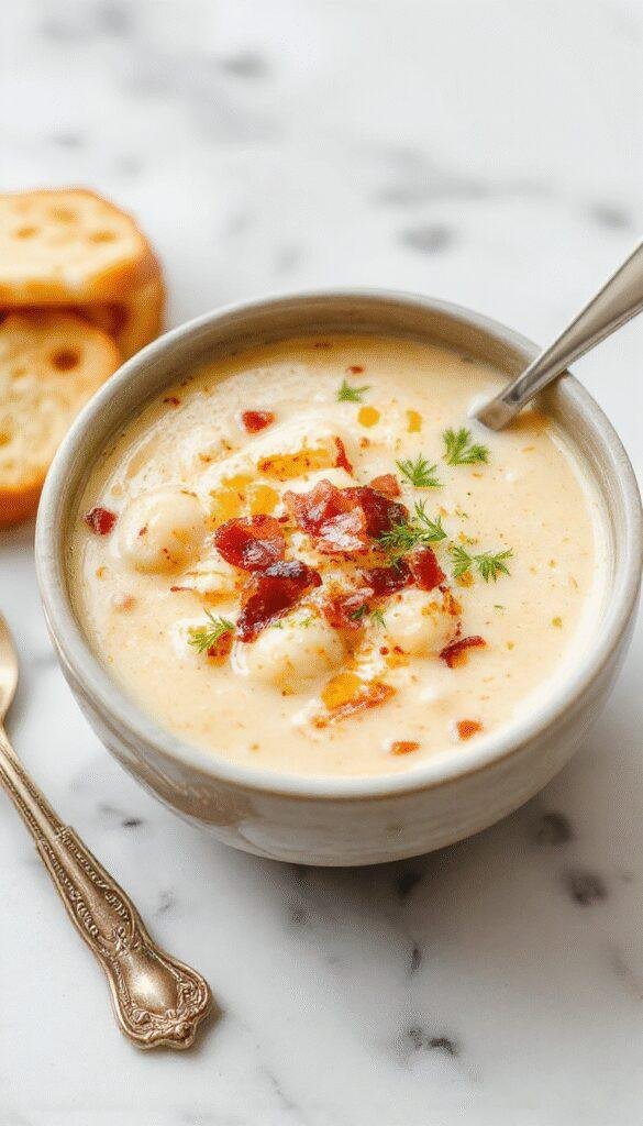 A steaming bowl of bacon cheddar gnocchi soup featuring golden-brown crispy bacon, tender gnocchi, melted cheddar cheese, garnished with chopped chives and a drizzle of cream, served in a rustic white bowl on a wooden table with fresh herbs and crusty bread on the side.