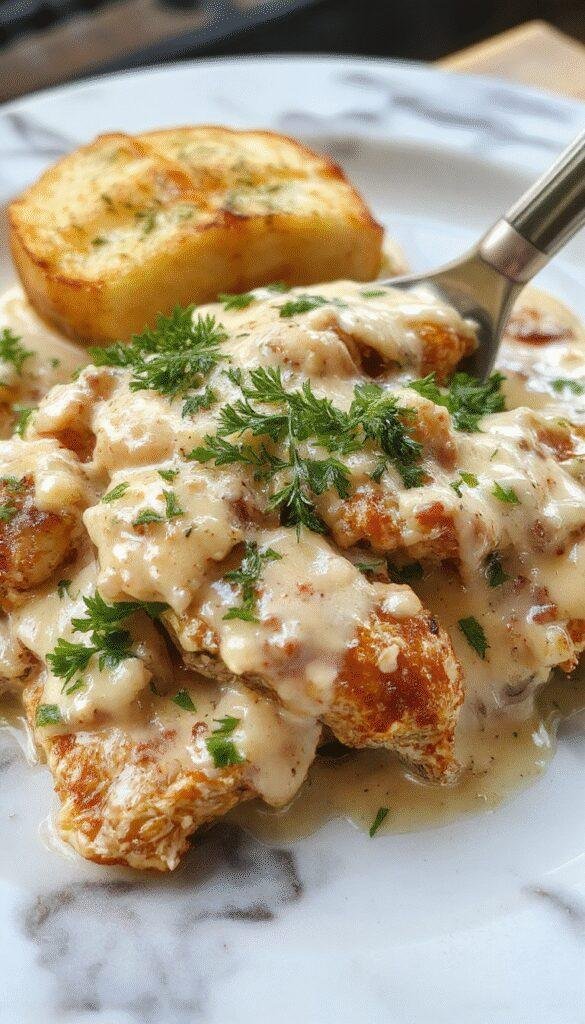 A close-up of a creamy baked chicken stroganoff served in a white bowl, topped with fresh parsley. The dish features tender shredded chicken and sautéed mushrooms in a rich velvety sauce with specks of herbs, set on a rustic wooden table with warm, inviting lighting.