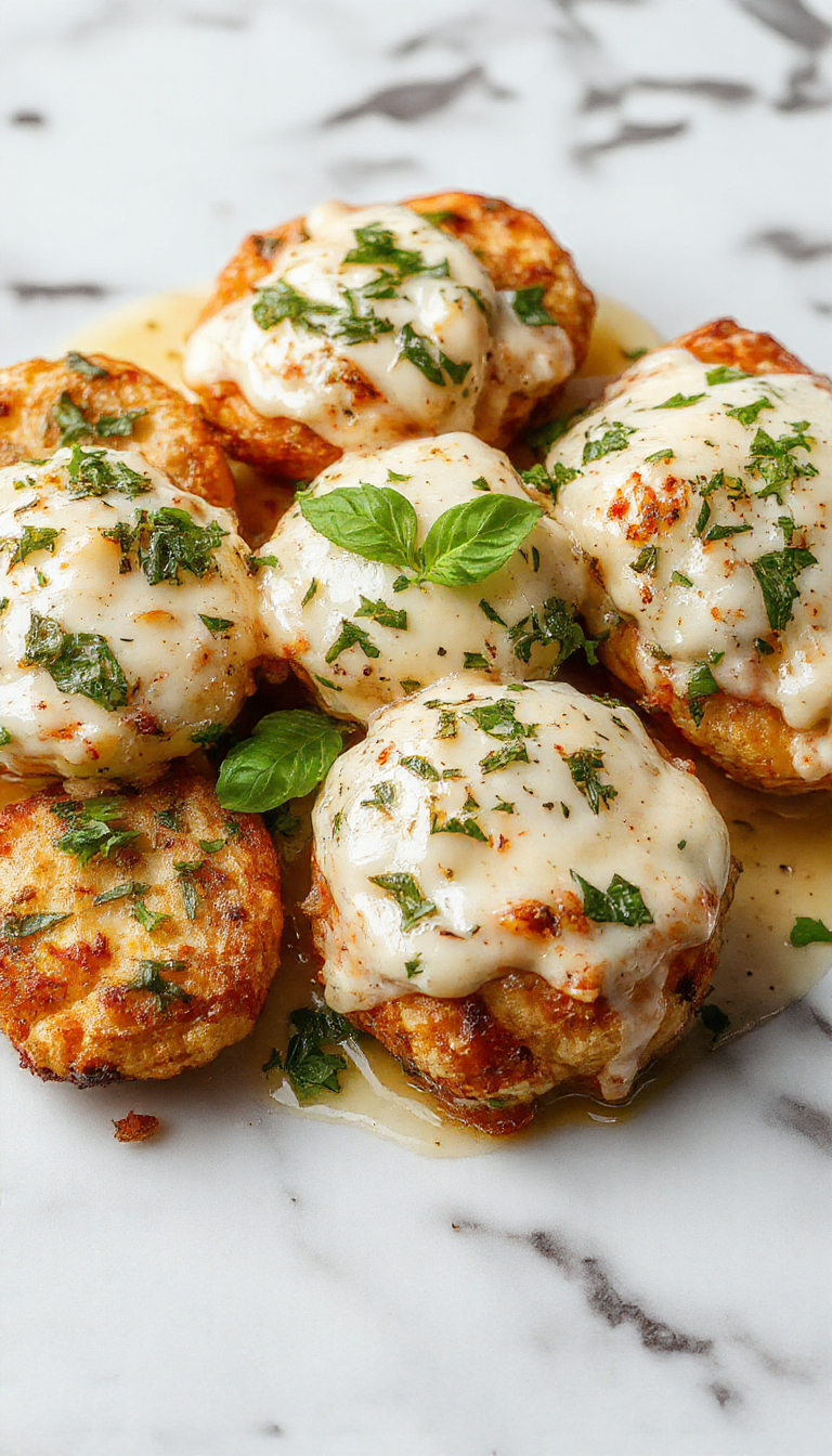 Vibrant image of golden-brown mozzarella chicken served on a white plate garnished with fresh basil leaves, drizzled with a creamy basil sauce, with melted cheese bubbling on top, surrounded by colorful vegetables and herbs, styled in an elegant rustic setting