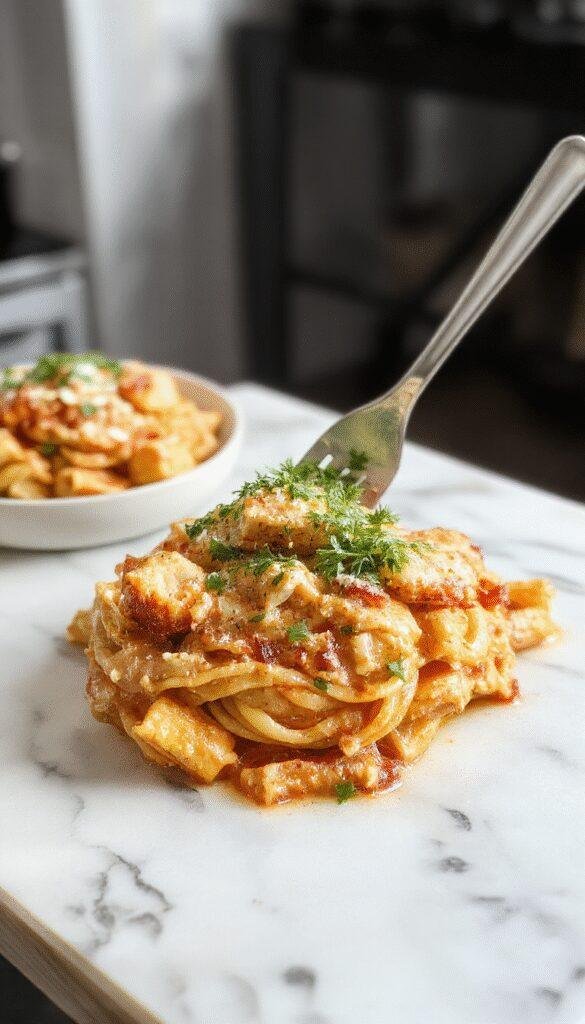 A vibrant plate of creamy Cajun chicken pasta featuring perfectly seasoned grilled chicken slices on a bed of al dente pasta coated in a rich, spicy creamy sauce. The dish is garnished with fresh chopped parsley and sliced red peppers, served on a rustic white plate with a wooden background, highlighting the warm tones and rich textures of the dish.