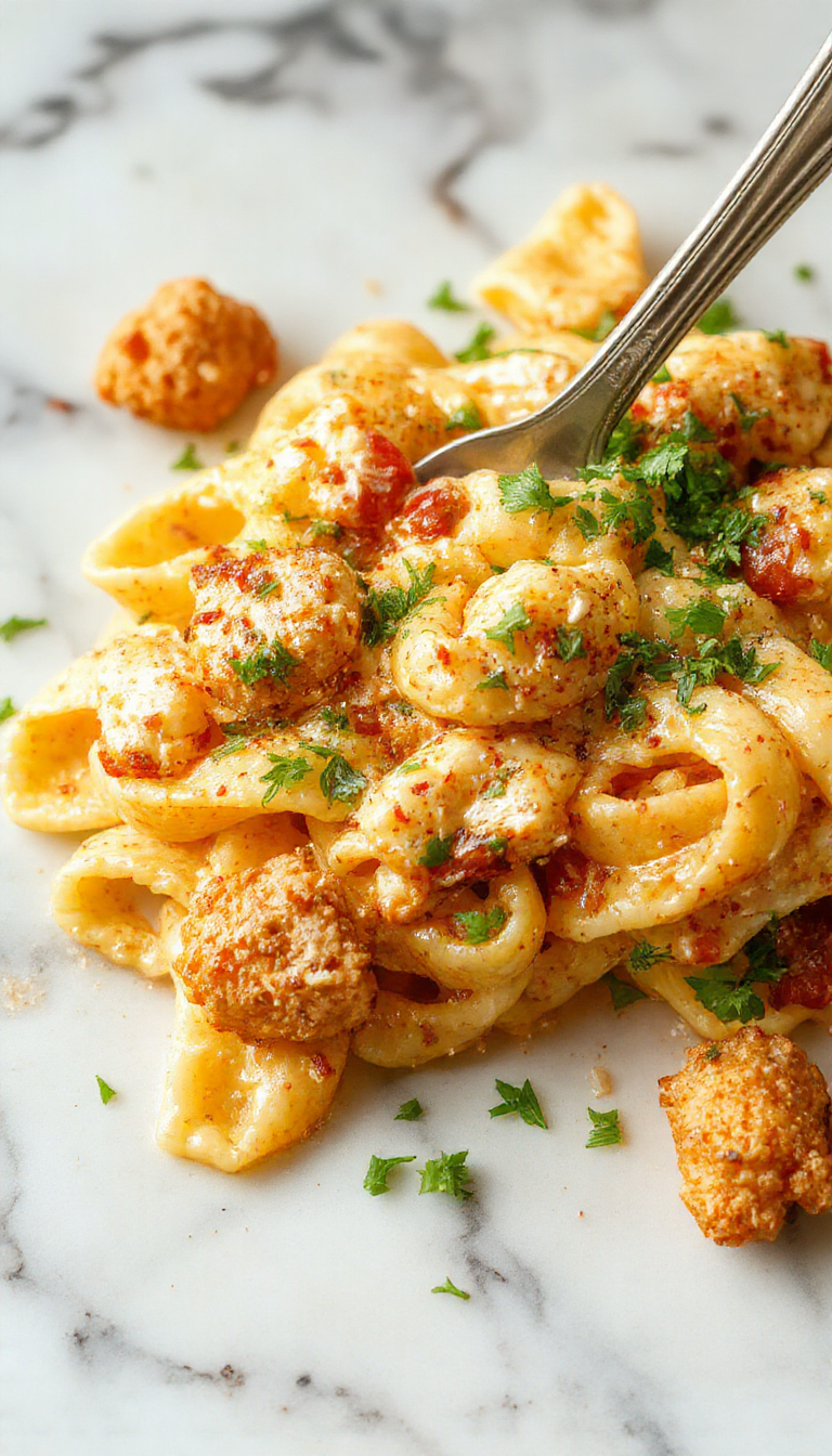 A vibrant plate of creamy Cajun chicken pasta featuring golden-brown grilled chicken slices on a bed of rich, creamy, orange-colored sauce with flecks of green herbs and red pepper flakes, garnished with fresh parsley, served on a white plate with a rustic wooden background and a sprinkle of Cajun spices around.