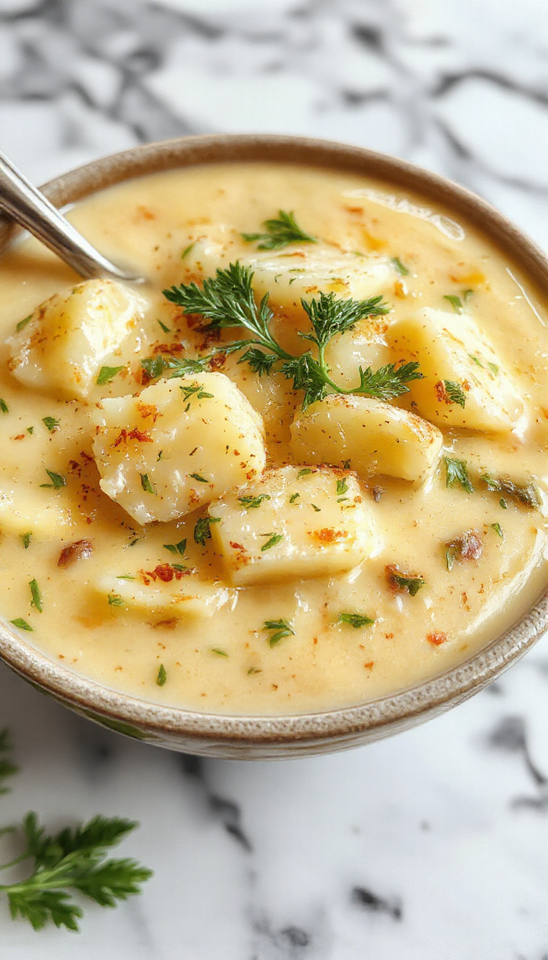 A warm, creamy bowl of potato soup topped with melted cheddar cheese, fresh chopped herbs, and crispy garlic croutons, garnished with parsley on a rustic wooden table