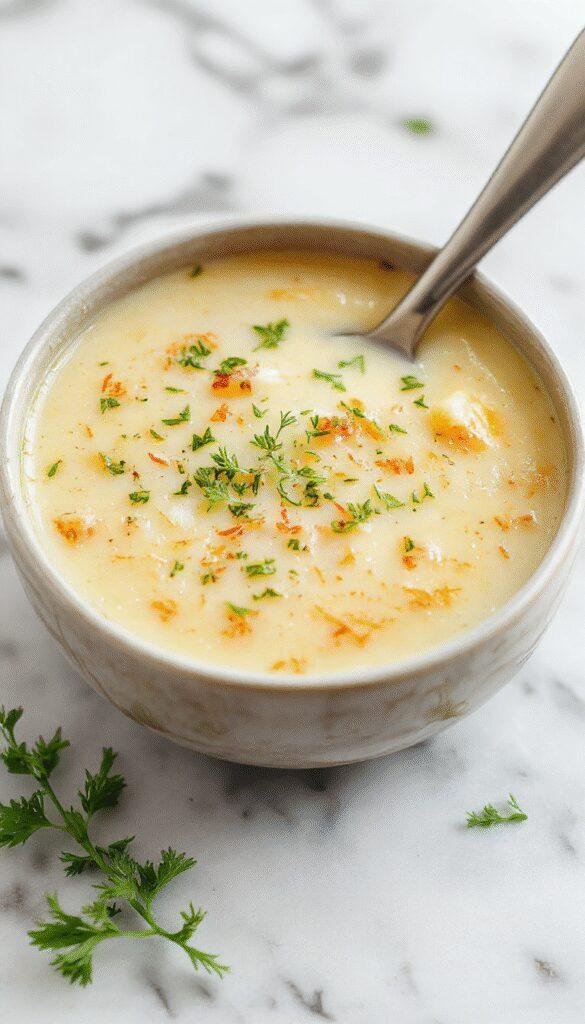 A steaming bowl of creamy cheddar garlic herb potato soup garnished with fresh herbs and crumbled cheese, served with warm bread on the side.
