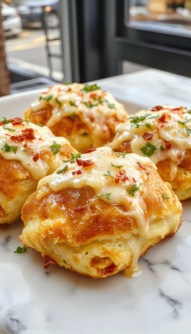 A golden-brown crescent roll filled with melted cheesy chicken mixture, sliced open to reveal gooey cheese and tender chicken inside, presented on a rustic wooden platter with sprigs of fresh herbs and a drizzle of sauce, styled with a light background and soft natural lighting emphasizing the crispy texture and creamy filling.