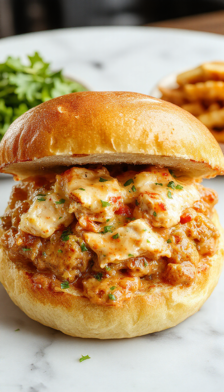 A vibrant plate featuring a close-up of creamy chicken Alfredo Sloppy Joes served on a toasted bun. The sandwich is overflowing with tender shredded chicken in a smooth white Alfredo sauce with hints of herbs, garnished with chopped parsley. The bread has a golden-brown crust, and the filling shows a creamy texture and rich color, surrounded by a rustic wooden background for a warm, inviting feel.