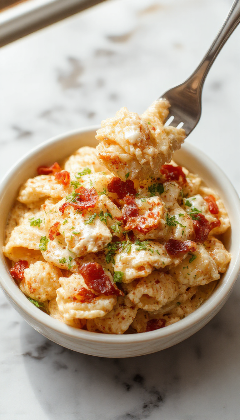A vibrant plate of creamy chicken bacon ranch pasta with golden-brown bacon strips, tender pasta coated in a luscious white sauce, garnished with chopped green herbs, served on a stylish white dish with a rustic wooden background, highlighting textures and inviting flavors.