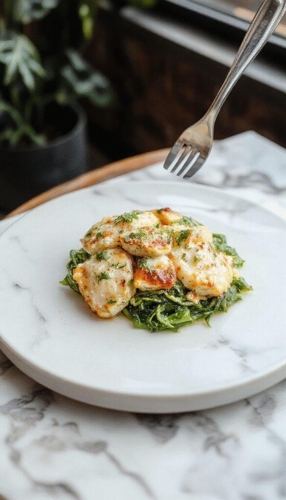 A beautifully plated chicken Florentine dish featuring tender chicken breasts topped with vibrant spinach and melted cheese, served on a elegant white plate with a golden sauce drizzled around, garnished with fresh herbs. The background showcases a rustic wooden table with side vegetables, emphasizing freshness and elegance.