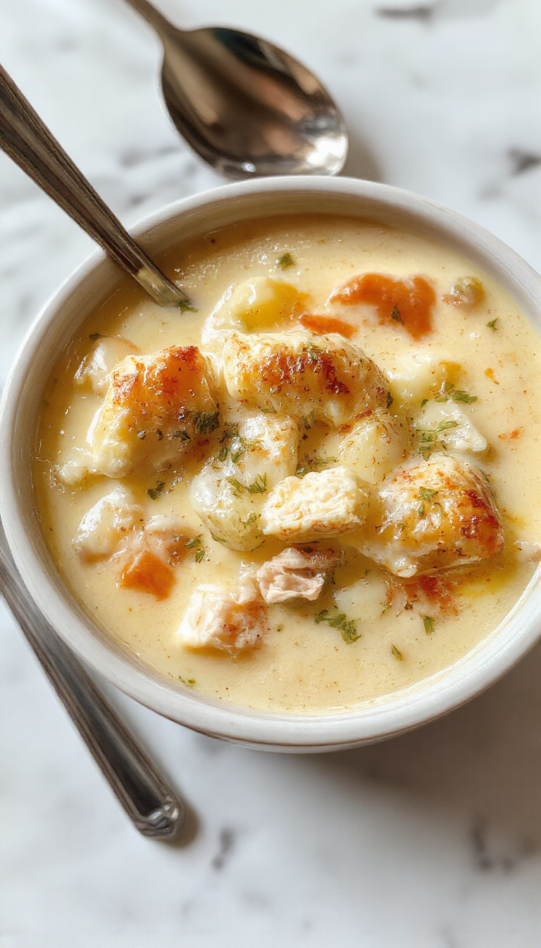 A steaming bowl of chicken pot pie soup with a golden flaky crust topping, garnished with chopped parsley, surrounded by fresh vegetables and rustic spoons, showcasing a creamy, chunky texture with bits of tender chicken and vegetables in a richly colored broth.