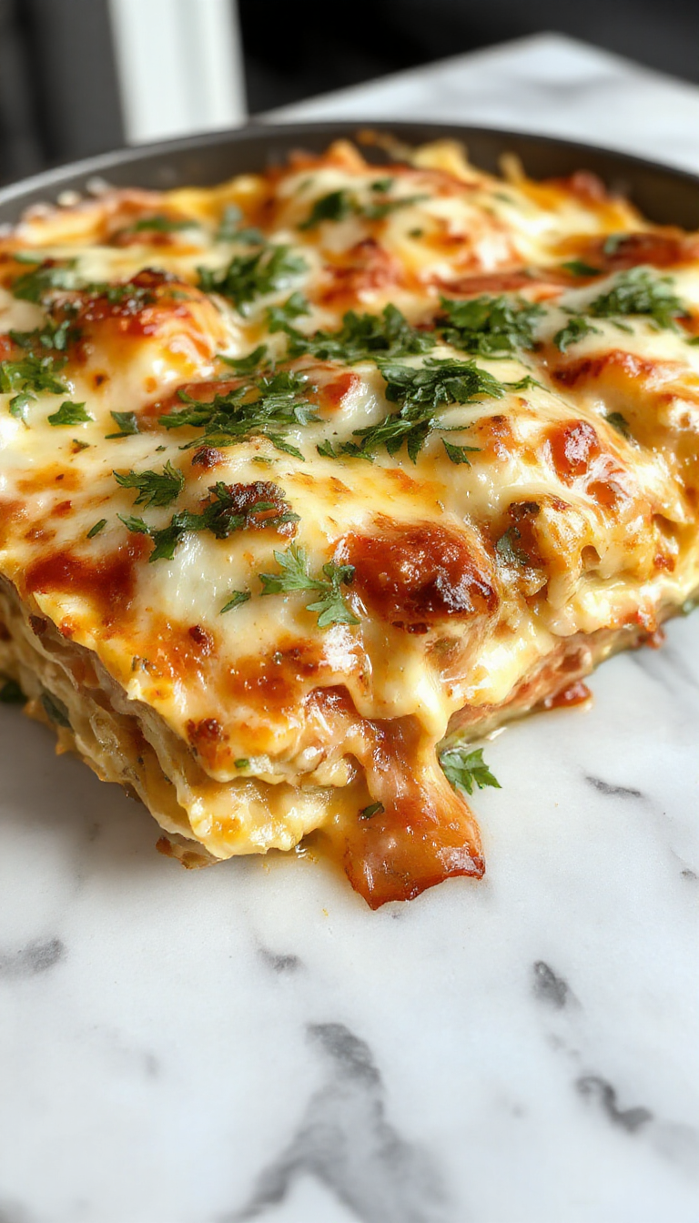 A vibrant skillet dish featuring layers of tender shredded chicken, melted cheese, and al dente lasagna noodles, garnished with fresh basil and Parmesan, presented in a rustic cast iron skillet with a golden bubbly cheese crust.