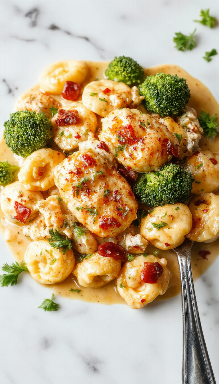 A vibrant plate of creamy chicken tortellini featuring golden-brown tortellini pasta smothered in a rich creamy sauce with tender broccoli florets, garnished with fresh herbs, presented on a rustic white plate with a sprig of basil on a wooden table.