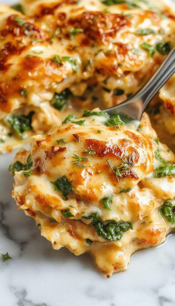 A vibrant creamy chicken and spinach casserole served in a rustic white dish, topped with melted cheese and fresh herbs. The casserole shows golden-brown edges, tender chicken pieces, bright green spinach leaves, and a creamy sauce with a smooth texture, garnished with a sprinkle of parsley. The background features a cozy kitchen setting with wooden surfaces and natural lighting highlighting the dish’s inviting appeal.