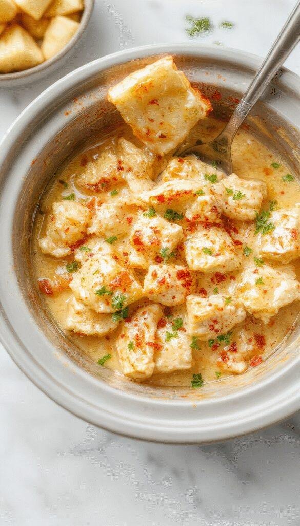 A rich, golden-brown butter chicken served in a white bowl, garnished with fresh cilantro and a drizzle of creamy sauce. The dish is placed on a rustic wooden table with a side of steamed rice and garnished with a sprig of cilantro. The background showcases a cozy kitchen setting with warm lighting highlighting the glossy, tender chicken pieces and velvety sauce.